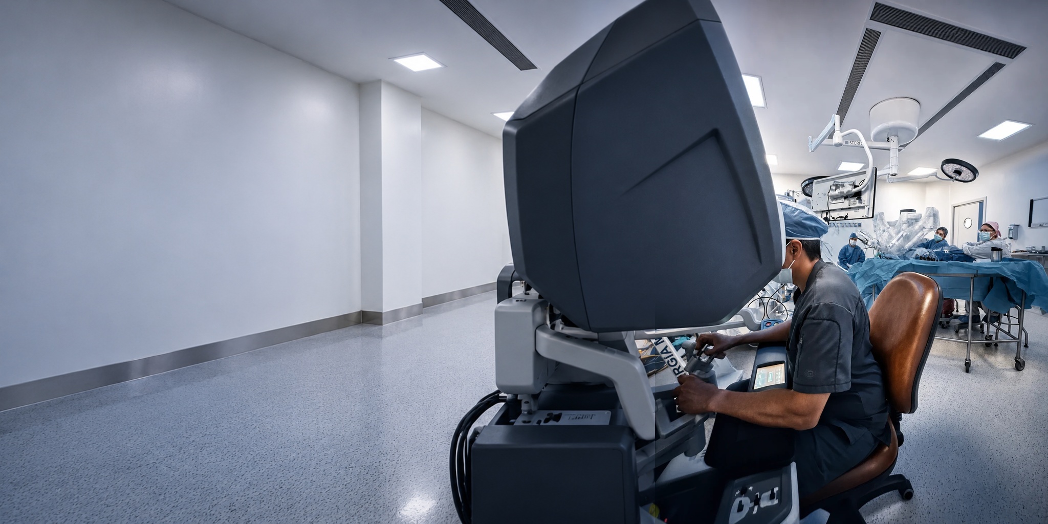 Dr. Ricardo Lúa utilizando la consola de cirugía robótica