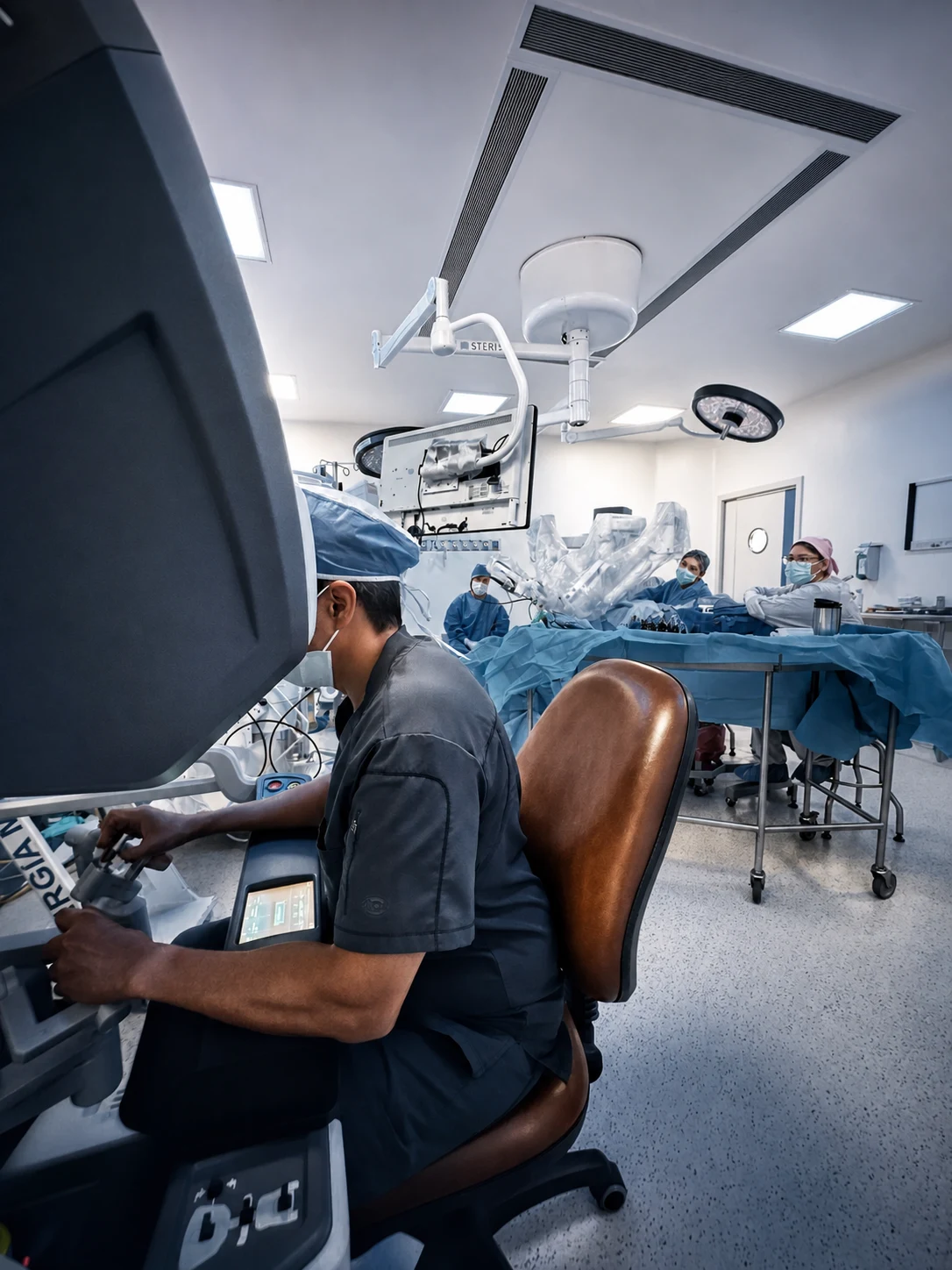 Dr. Ricardo Lúa utilizando la consola de cirugía robótica